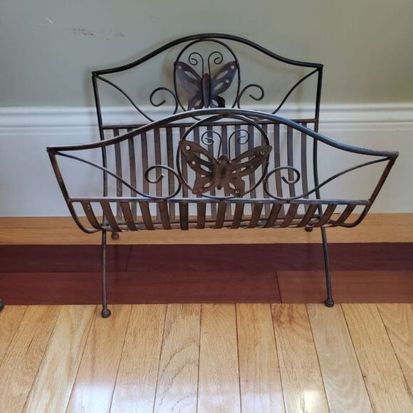 Decorative Folding Metal Magazine Rack with Butterfly Design. Brownish/Black - Picture 1 of 5